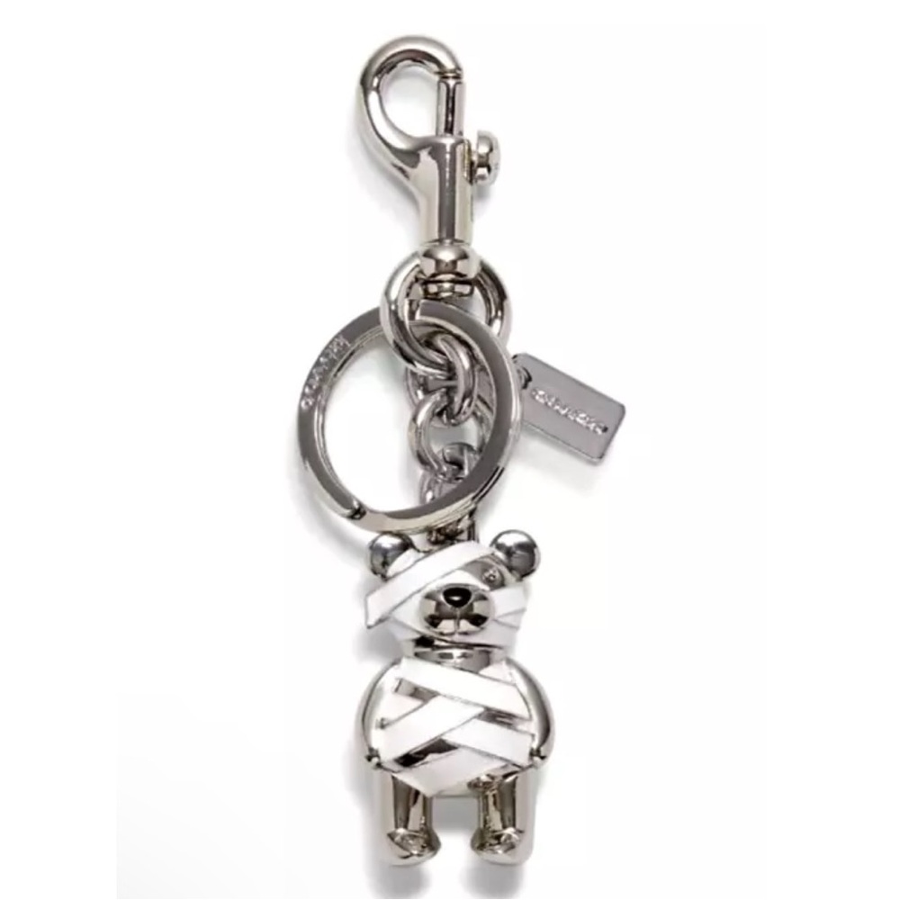 🎃🧸NWT COACH RARE Halloween Mummy Teddy Bear Bag Charm Keychain Silver White